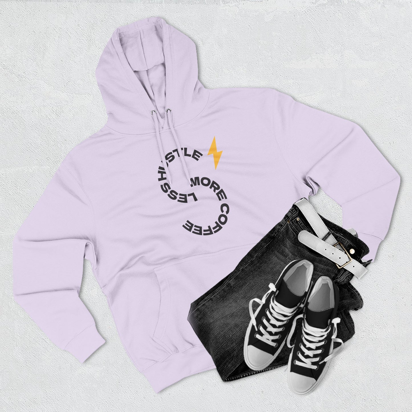 Hoodie — 'Hustle More, Coffee Less' Lightning Logo & Western Cowboy Back Print