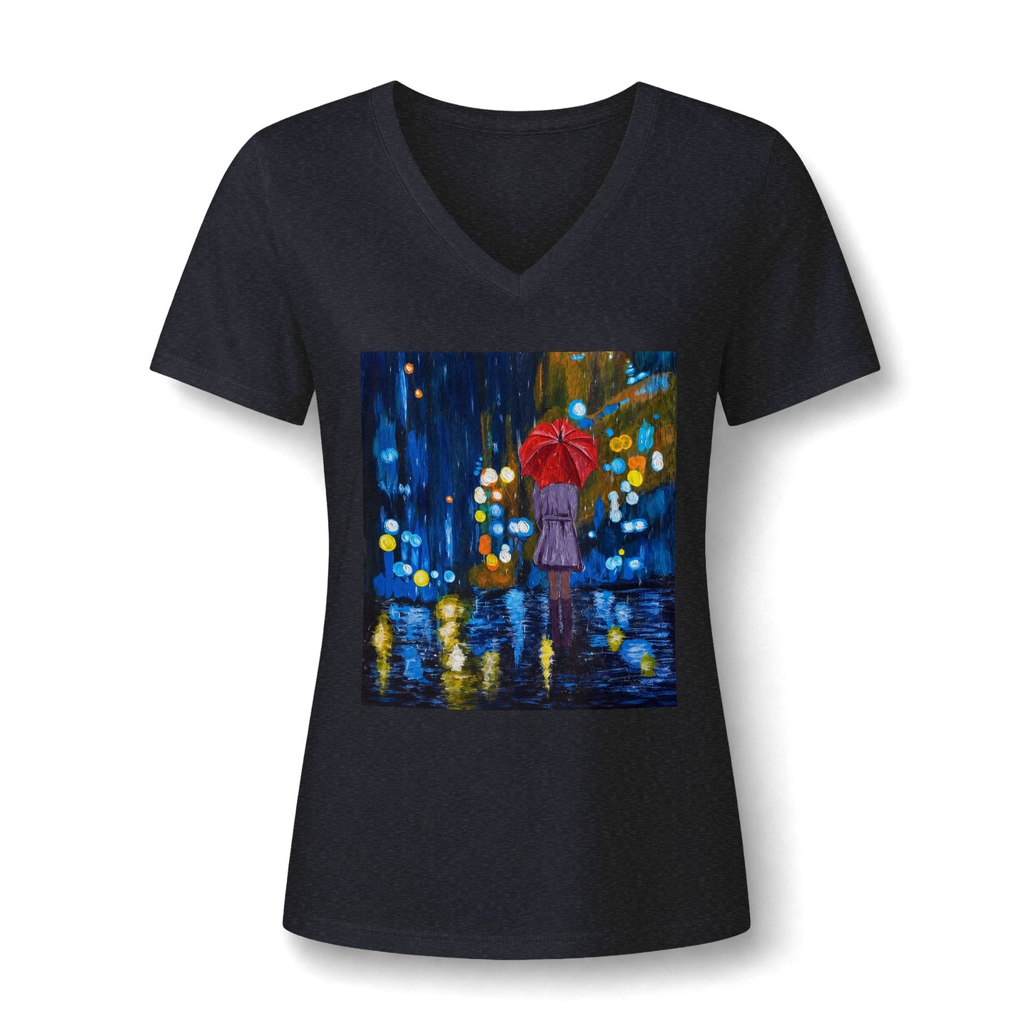 Rainy Night Painting V-Neck Tee — Woman with Red Umbrella Art Shirt