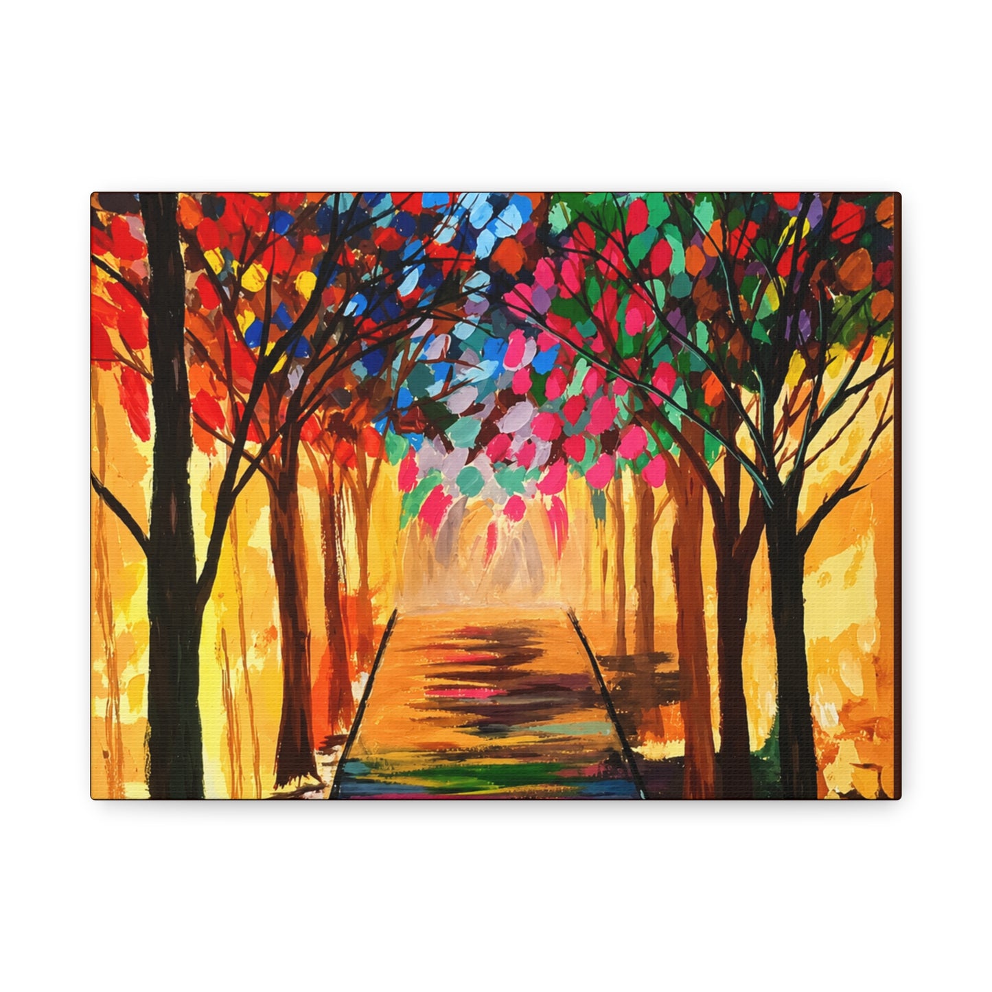 Colorful Tree Path Matte Canvas Print — Vibrant Autumn Forest Wall Art