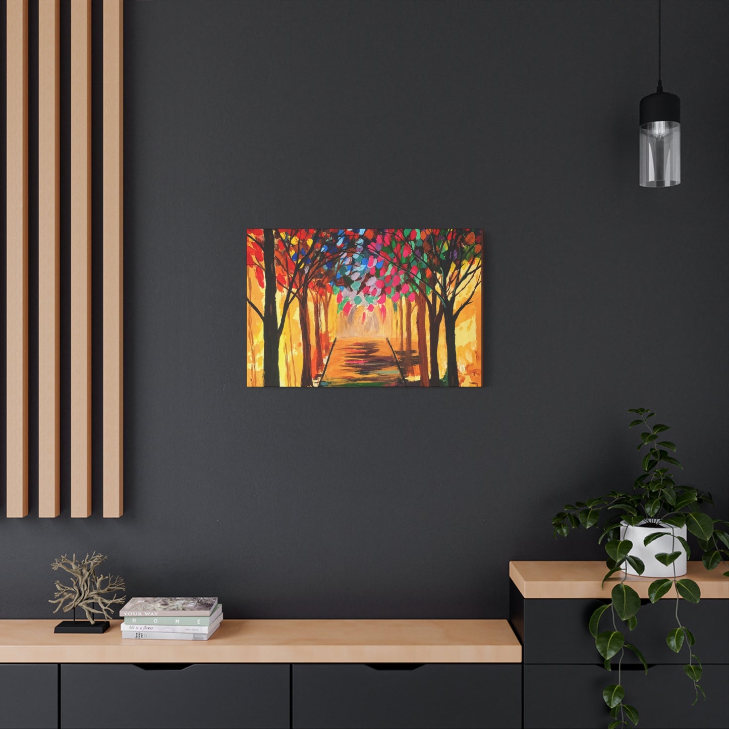 Colorful Tree Path Matte Canvas Print — Vibrant Autumn Forest Wall Art