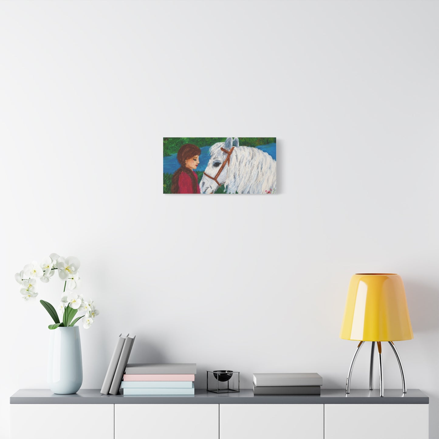 Serenity by the River — Woman with White Horse Stretched Wall Art
