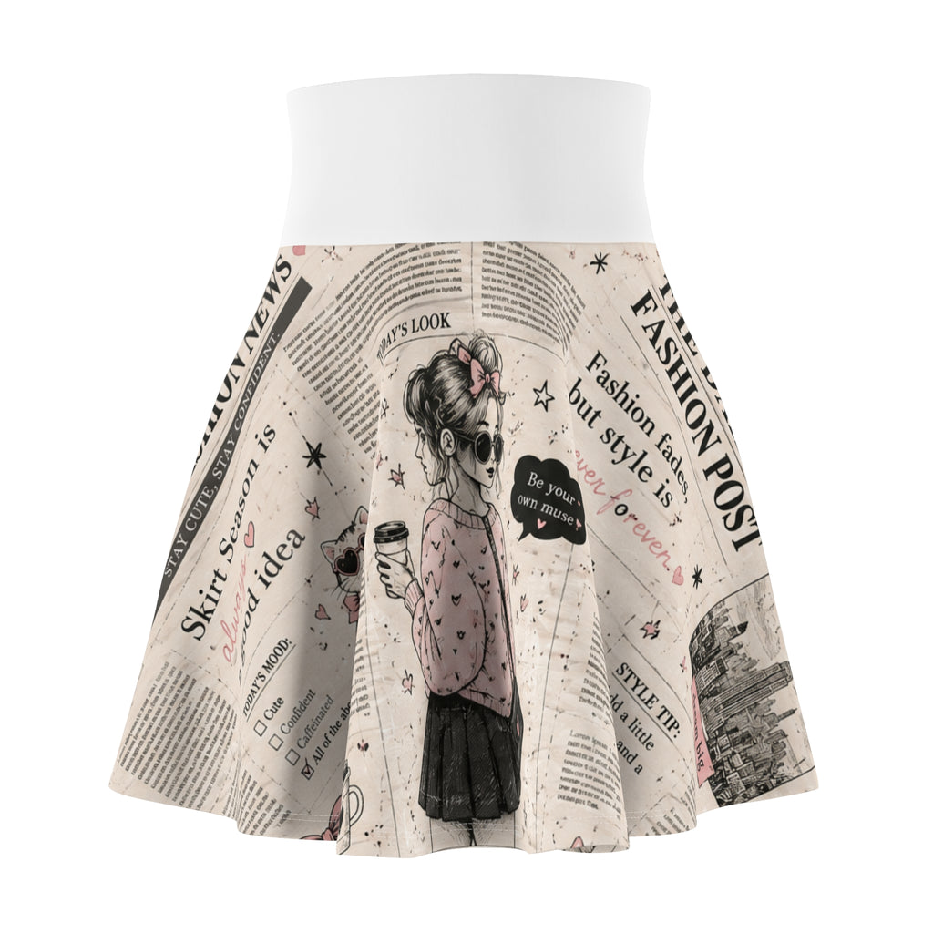 Vintage Newspaper Print Skater Skirt — Cute Girl Illustration & Fashion Headlines