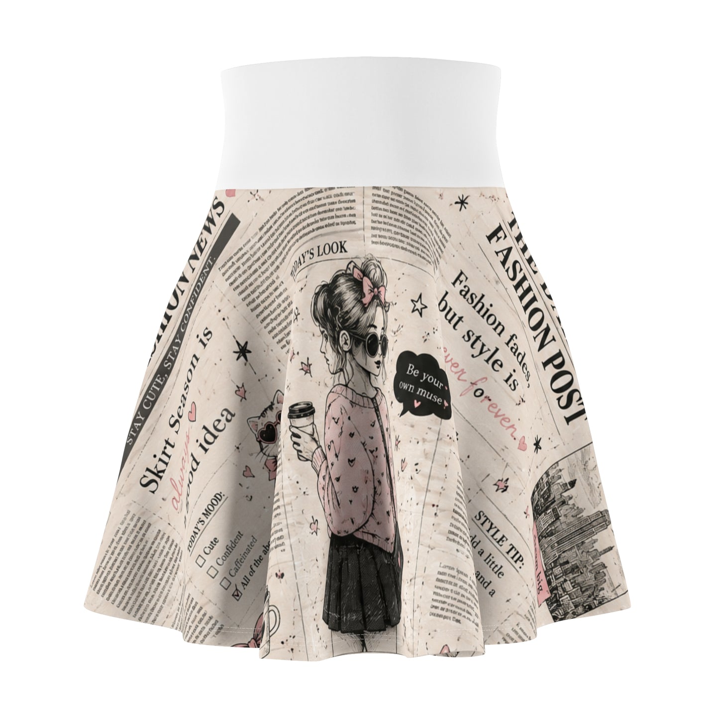 Vintage Newspaper Print Skater Skirt — Cute Girl Illustration & Fashion Headlines