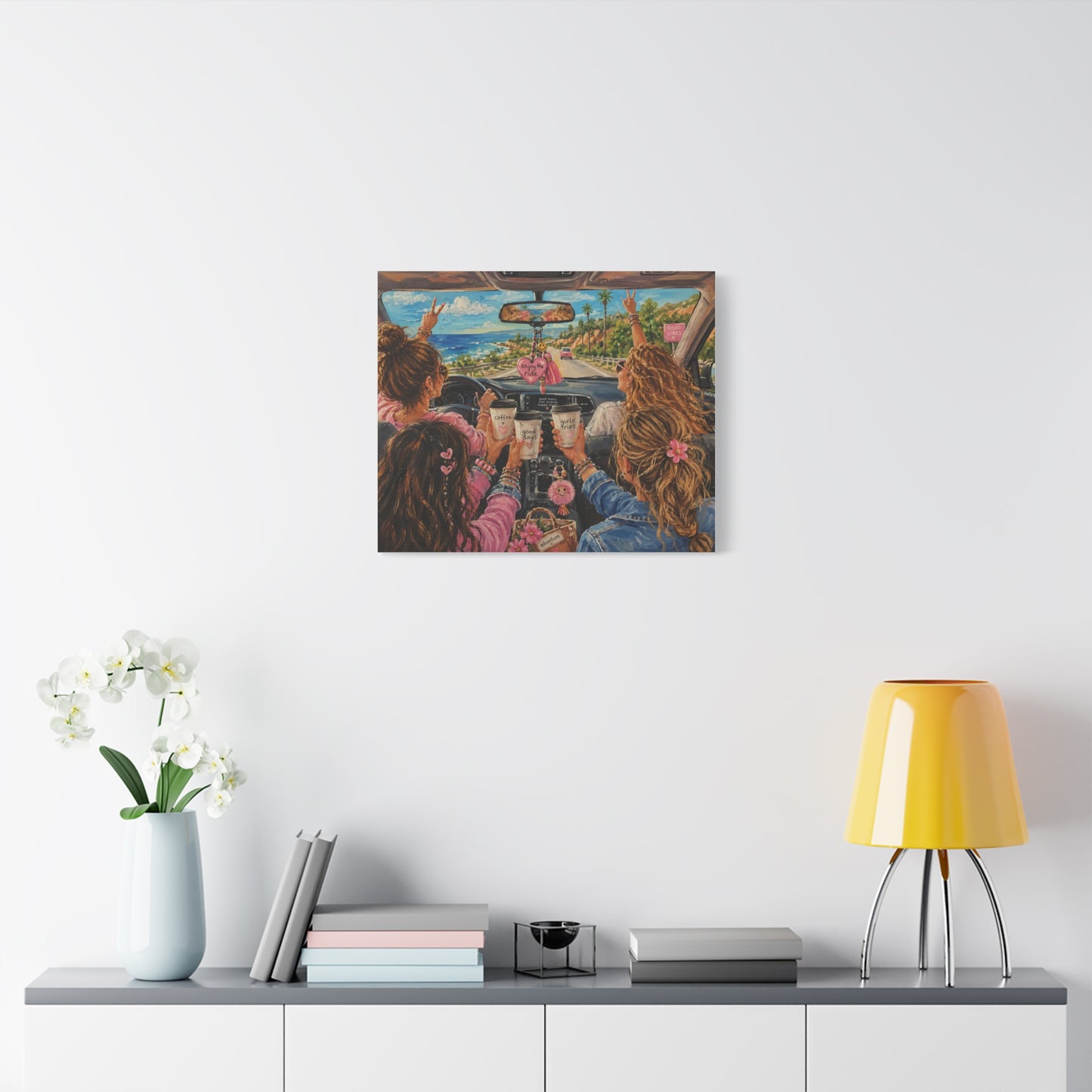 Girls' Beach Road Trip Canvas Wall Art – Colorful Acrylic Painting of Best Friends, Coffee Drive & Coastal Adventure