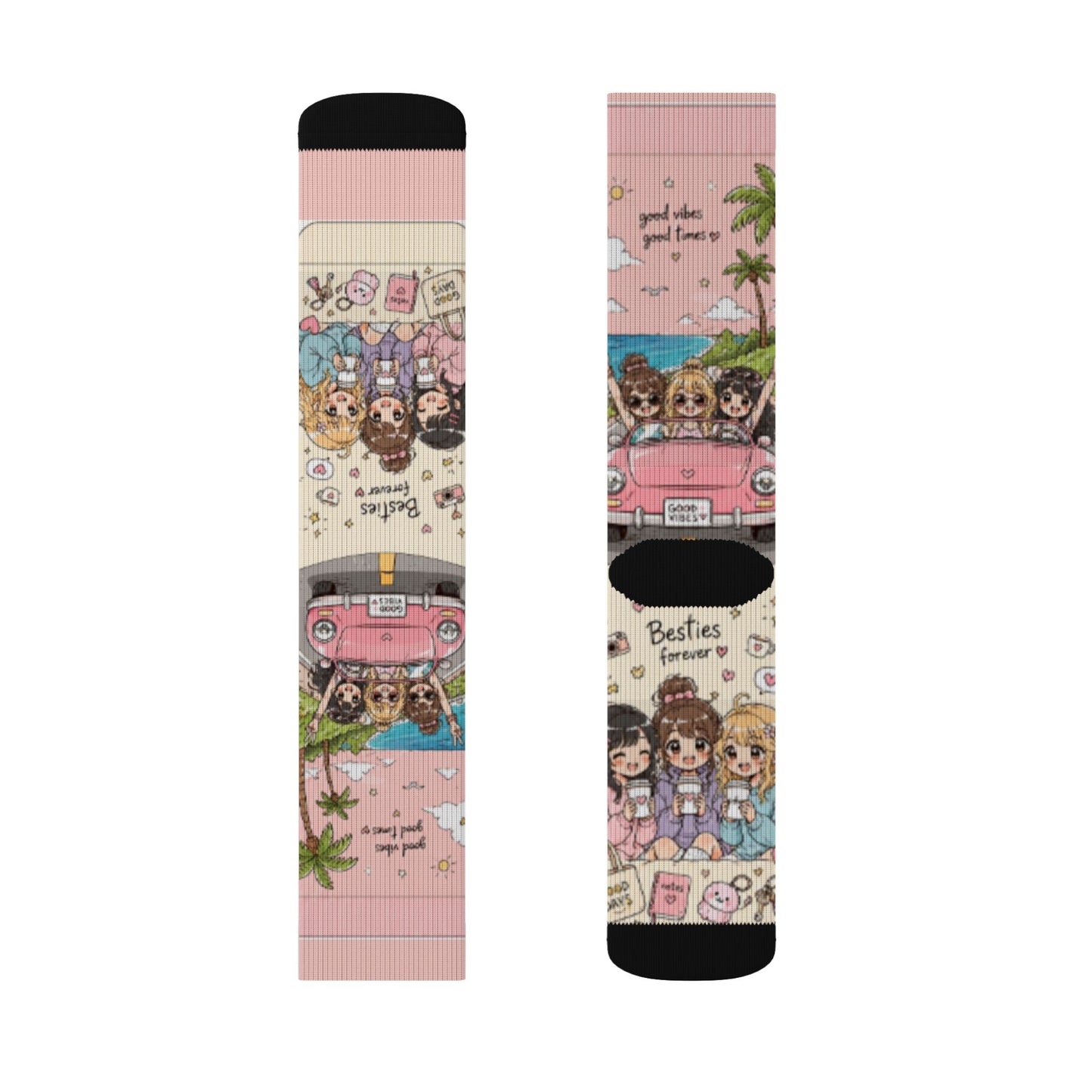 Kawaii Anime Best Friends Crew Socks – Cute Coffee & Road Trip Aesthetic Socks