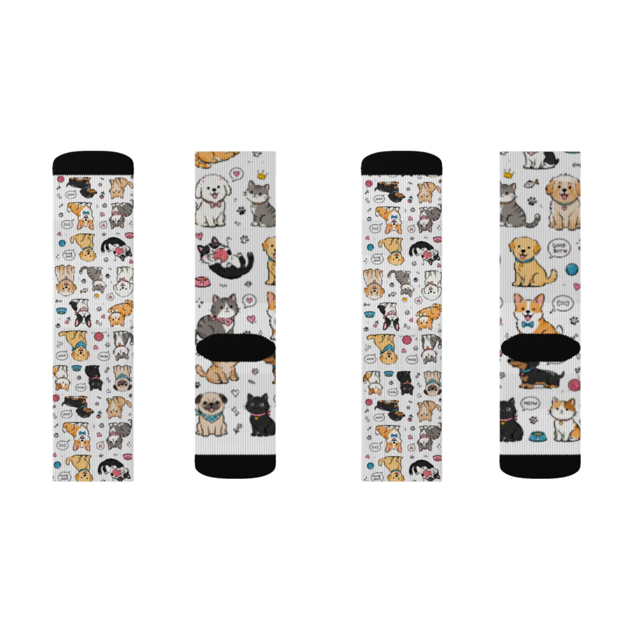 Cute Cat & Dog Doodle Crew Socks – Fun Pet Lover Gift Socks for Women & Men