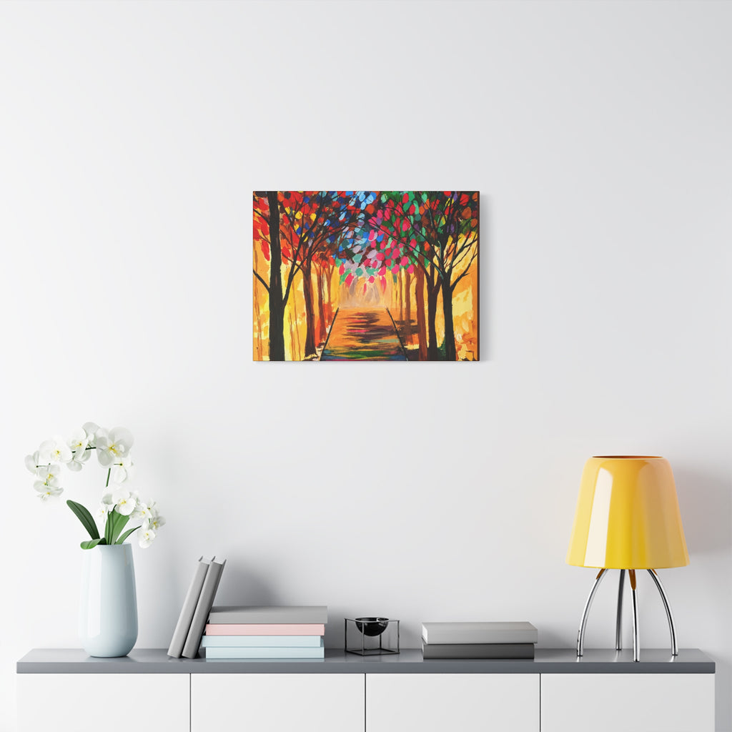 Colorful Tree Path Matte Canvas Print — Vibrant Autumn Forest Wall Art