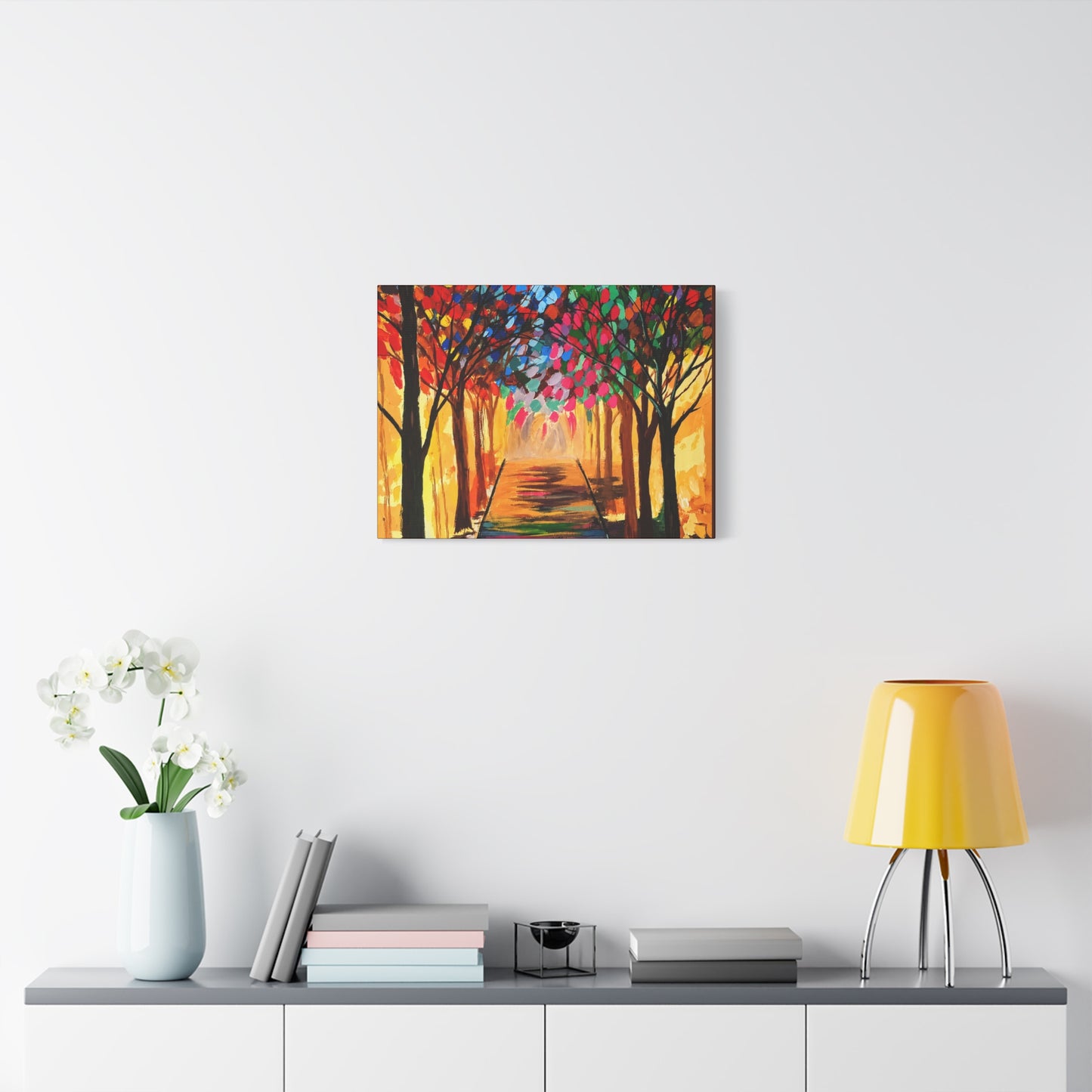 Colorful Tree Path Matte Canvas Print — Vibrant Autumn Forest Wall Art