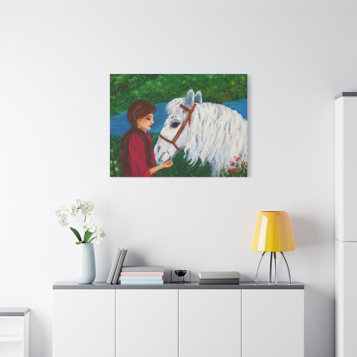 Serenity by the River — Woman with White Horse Stretched Wall Art
