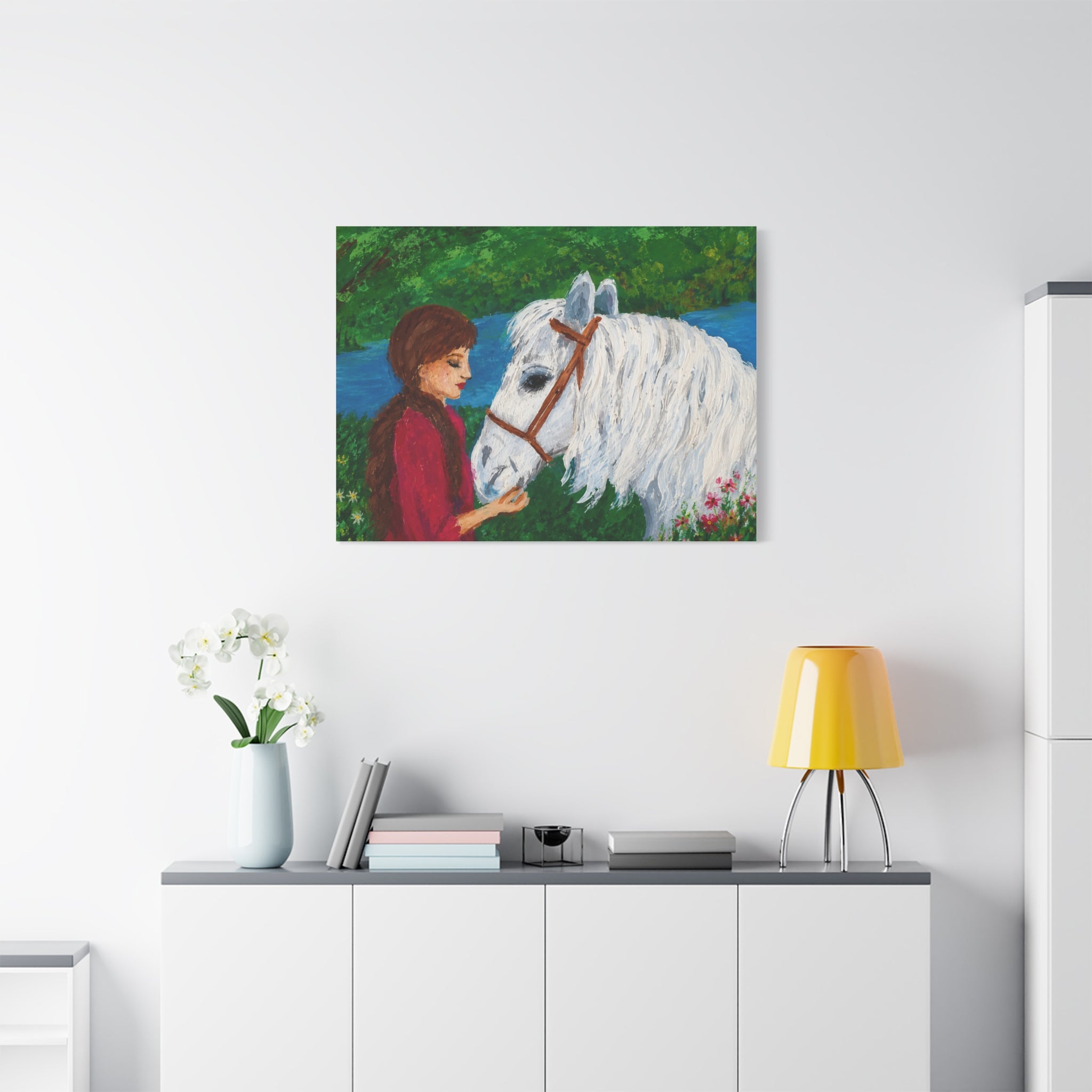Serenity by the River — Woman with White Horse Stretched Wall Art