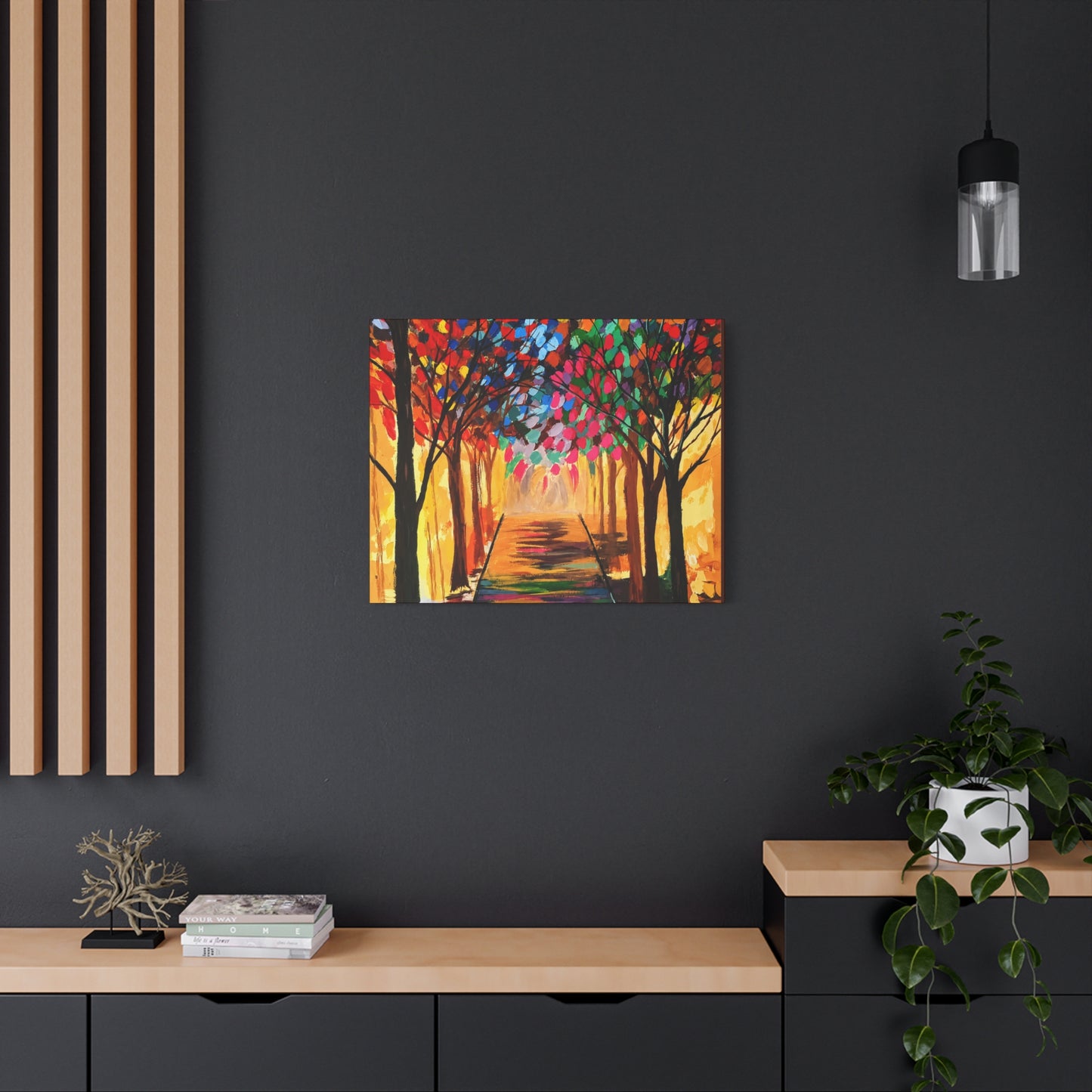 Colorful Tree Path Matte Canvas Print — Vibrant Autumn Forest Wall Art