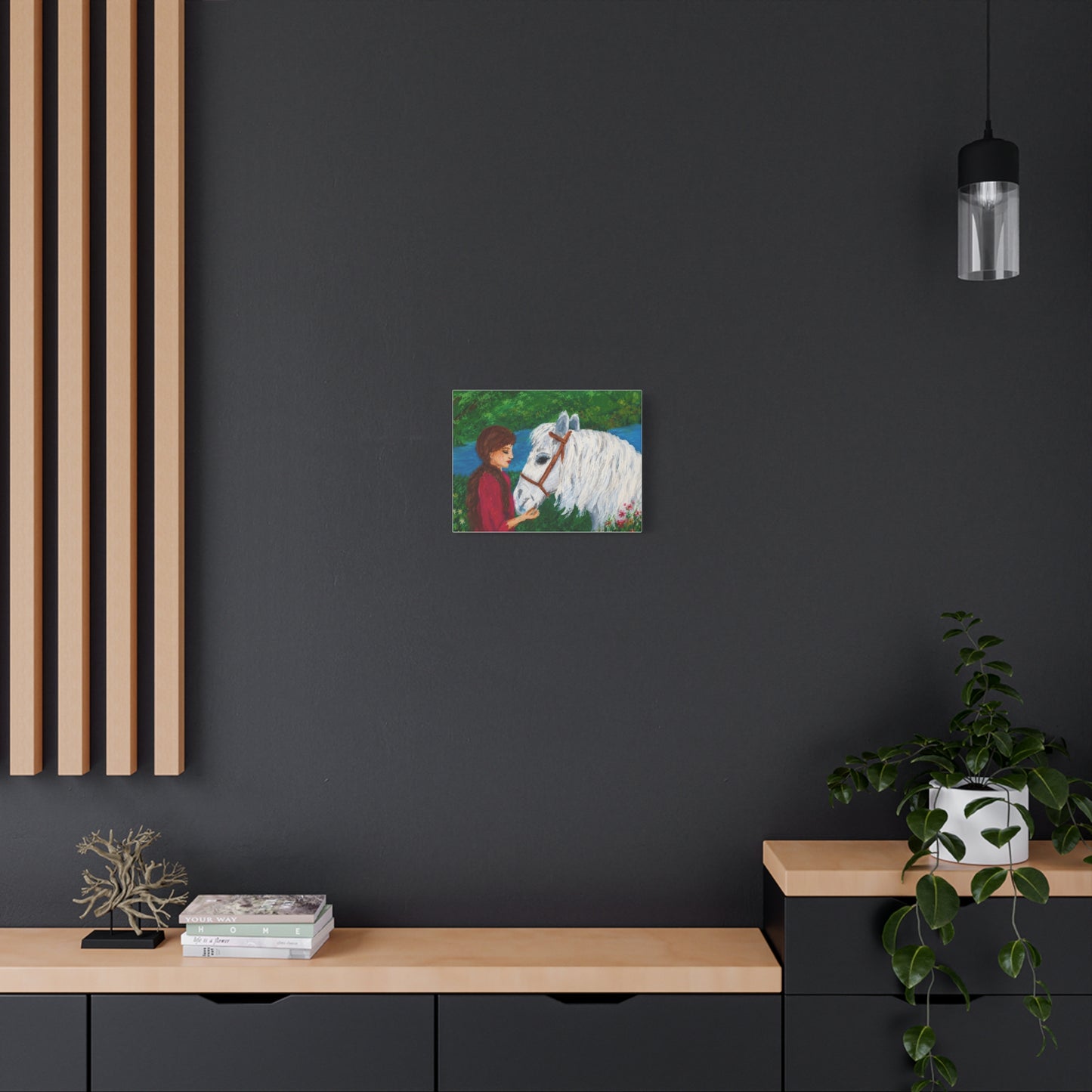 Serenity by the River — Woman with White Horse Stretched Wall Art