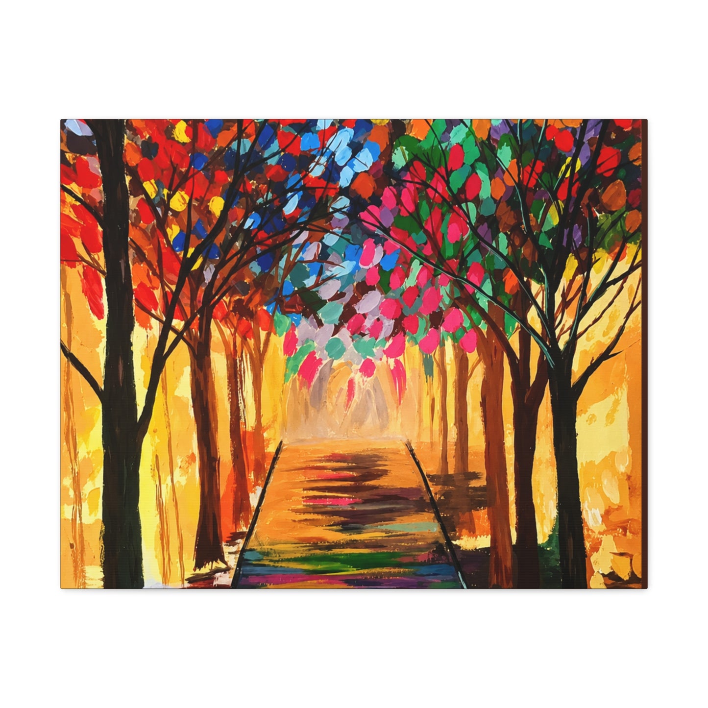 Colorful Tree Path Matte Canvas Print — Vibrant Autumn Forest Wall Art