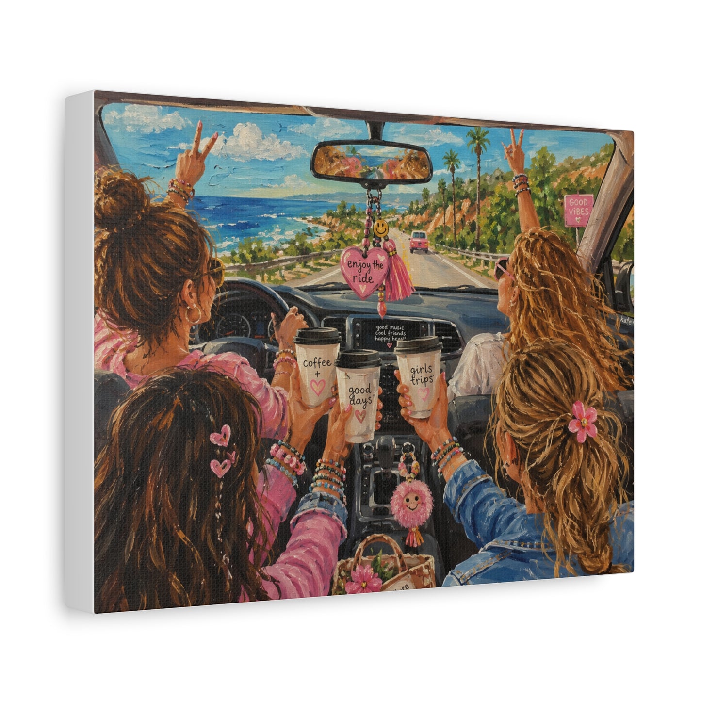Girls' Beach Road Trip Canvas Wall Art – Colorful Acrylic Painting of Best Friends, Coffee Drive & Coastal Adventure