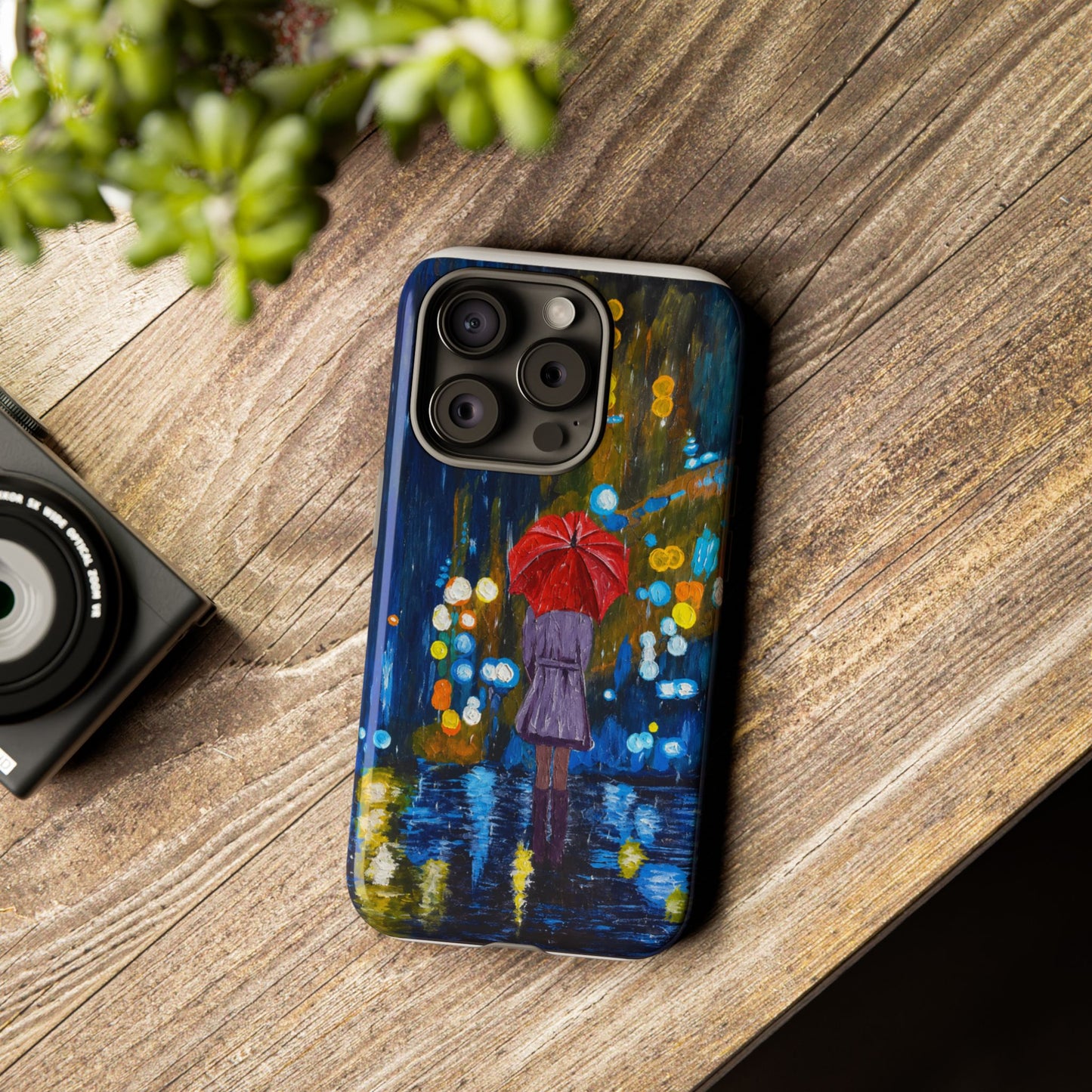 Rainy Night Phone Case — Woman with Red Umbrella Art