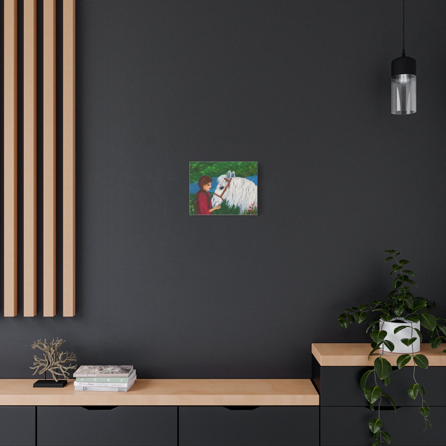 Serenity by the River — Woman with White Horse Stretched Wall Art