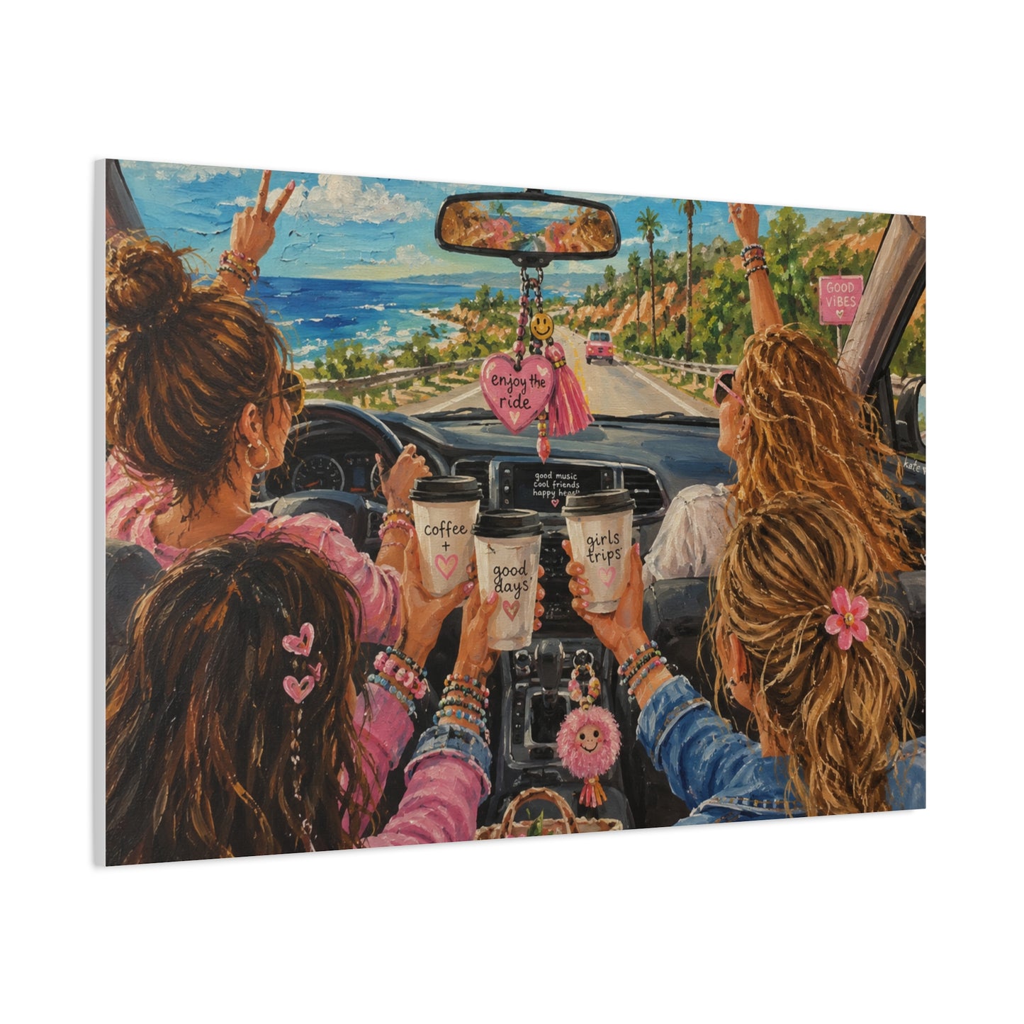 Girls' Beach Road Trip Canvas Wall Art – Colorful Acrylic Painting of Best Friends, Coffee Drive & Coastal Adventure