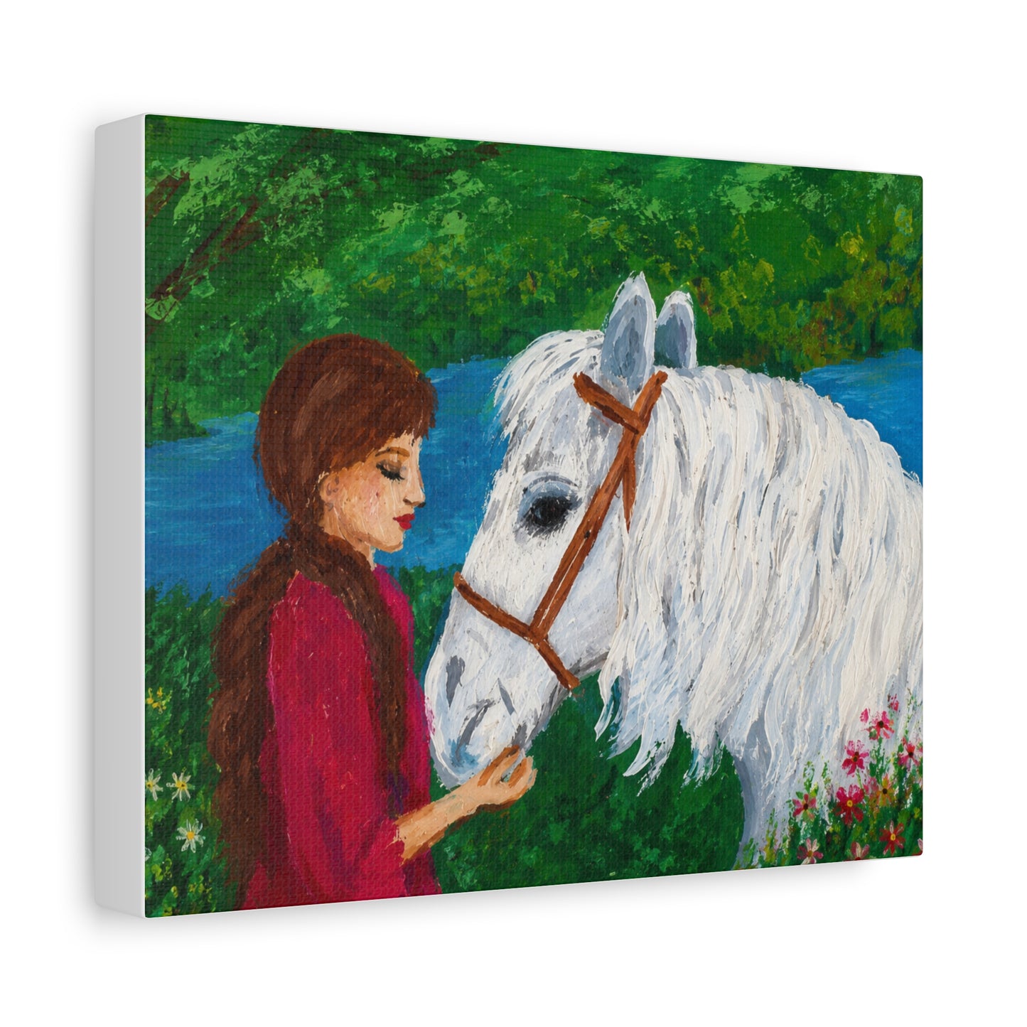 Serenity by the River — Woman with White Horse Stretched Wall Art