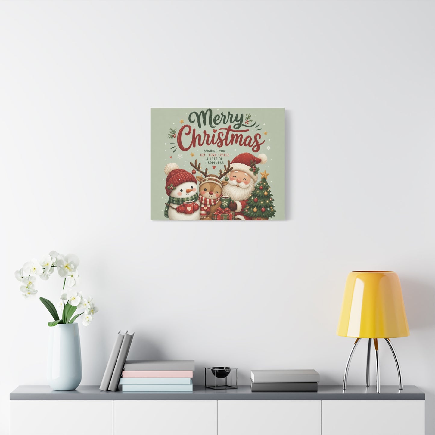 Merry Christmas Canvas Wall Art – Cute Santa, Snowman & Reindeer Holiday Print