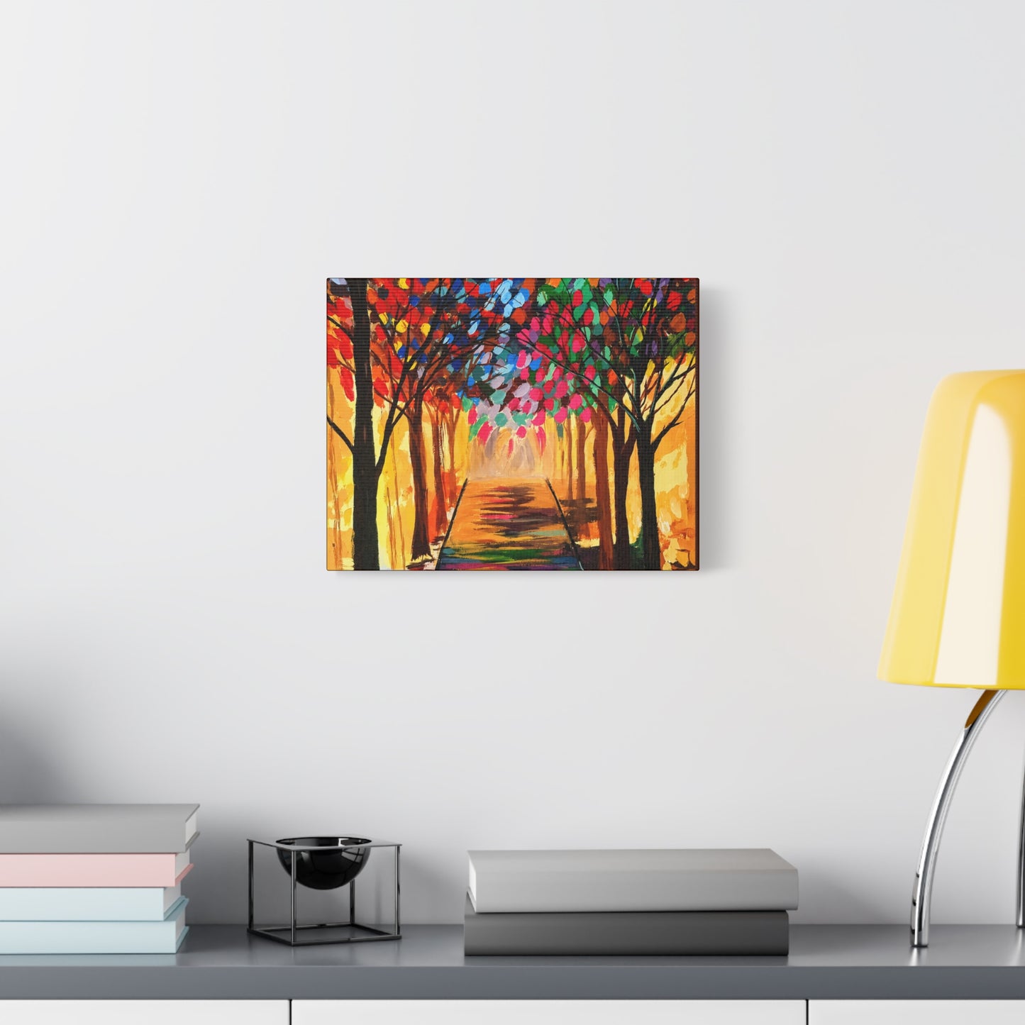 Colorful Tree Path Matte Canvas Print — Vibrant Autumn Forest Wall Art