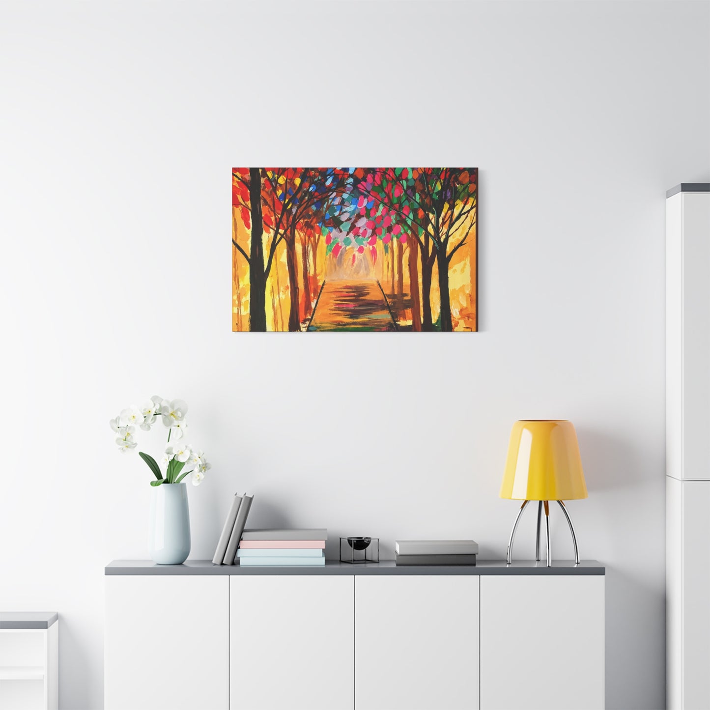 Colorful Tree Path Matte Canvas Print — Vibrant Autumn Forest Wall Art