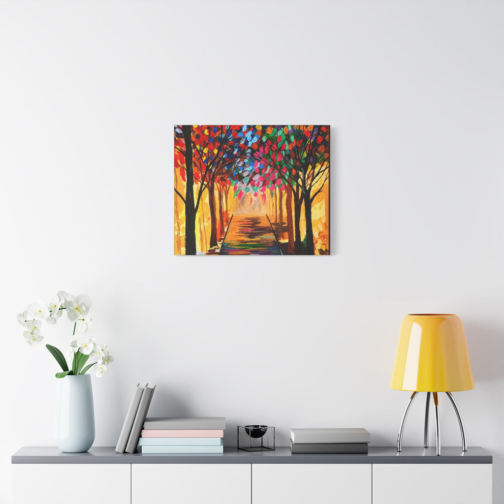 Colorful Tree Path Matte Canvas Print — Vibrant Autumn Forest Wall Art