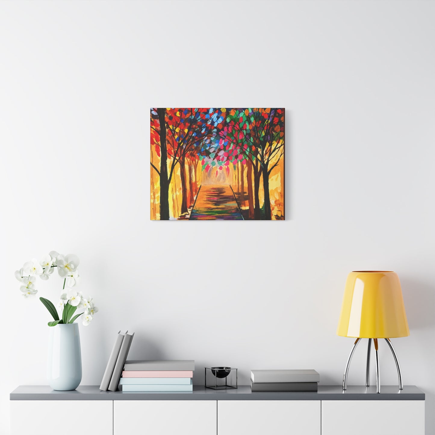 Colorful Tree Path Matte Canvas Print — Vibrant Autumn Forest Wall Art