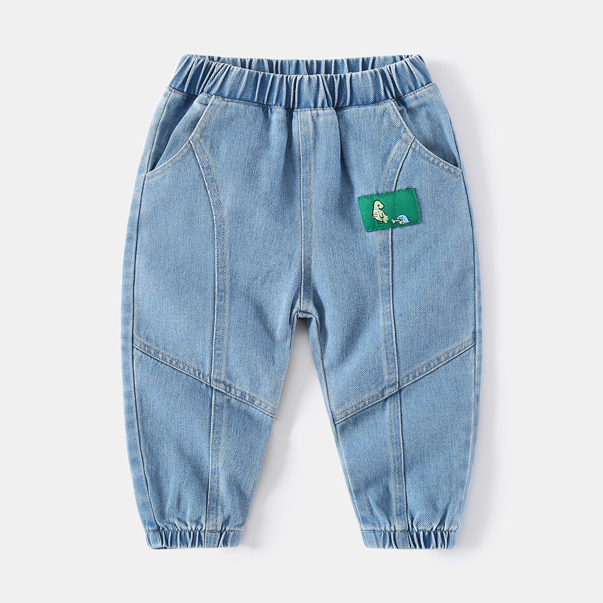 Kids' Washed Denim Pants for Boys, Elastic Cuff Tapered Fit, Long Jean Pants