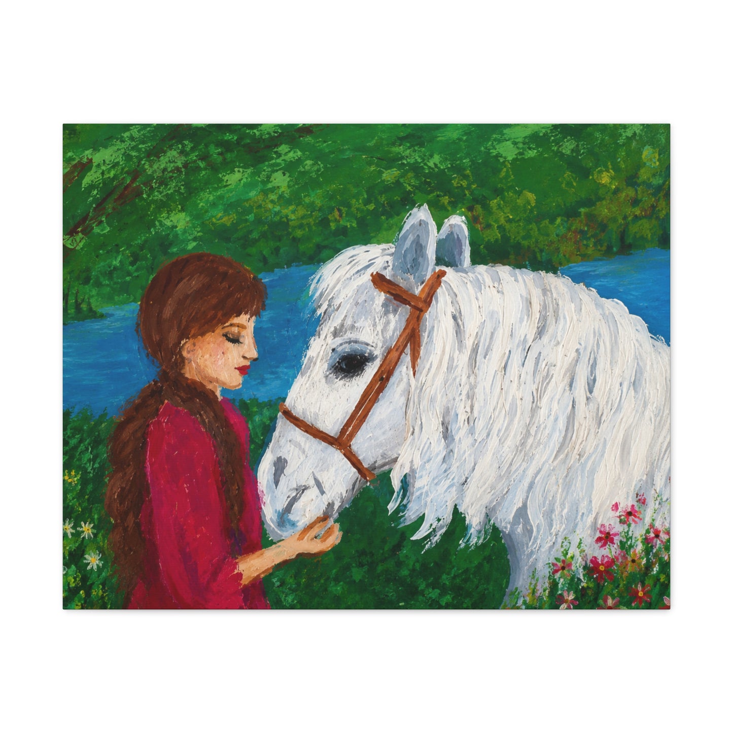 Serenity by the River — Woman with White Horse Stretched Wall Art