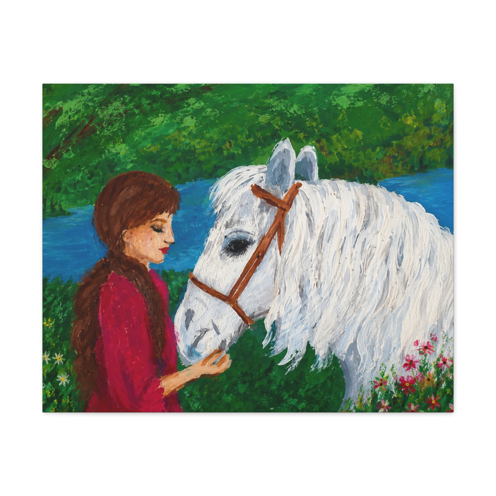 Serenity by the River — Woman with White Horse Stretched Wall Art