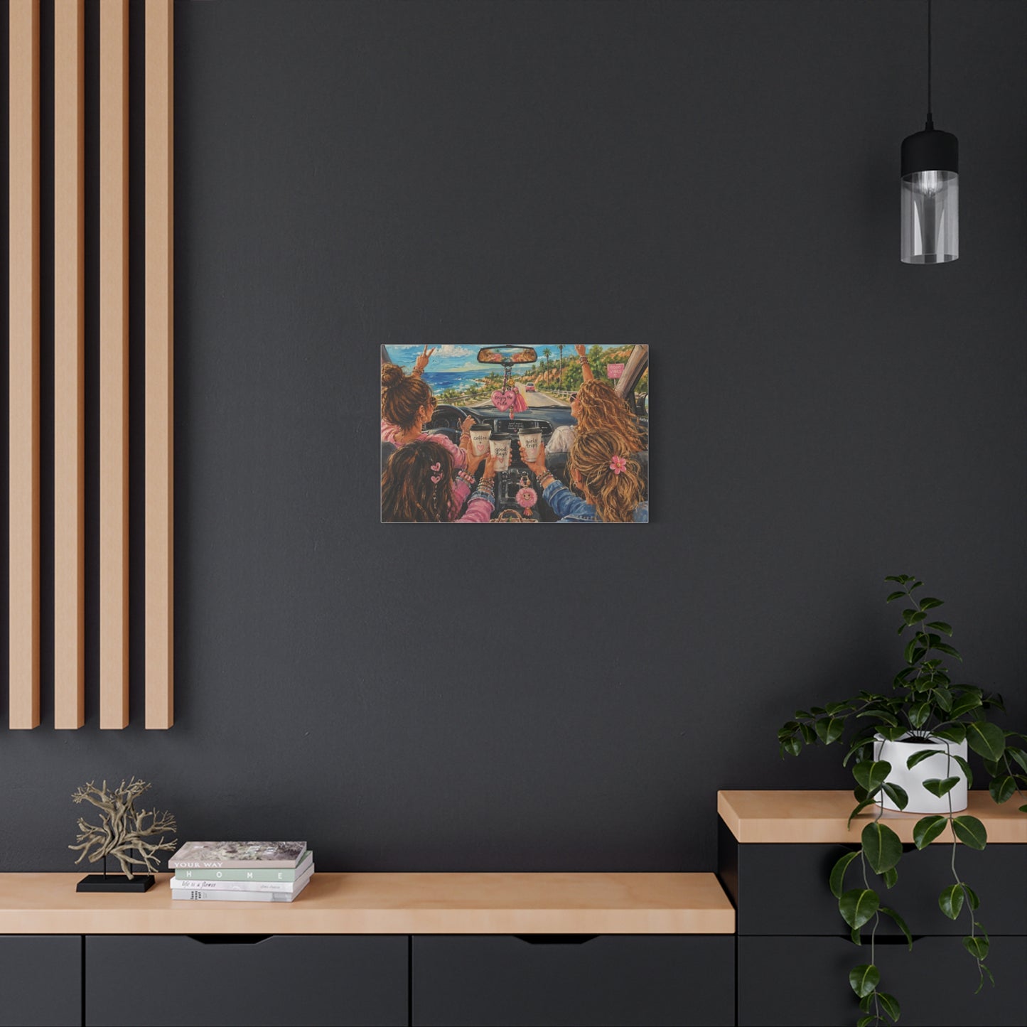 Girls' Beach Road Trip Canvas Wall Art – Colorful Acrylic Painting of Best Friends, Coffee Drive & Coastal Adventure