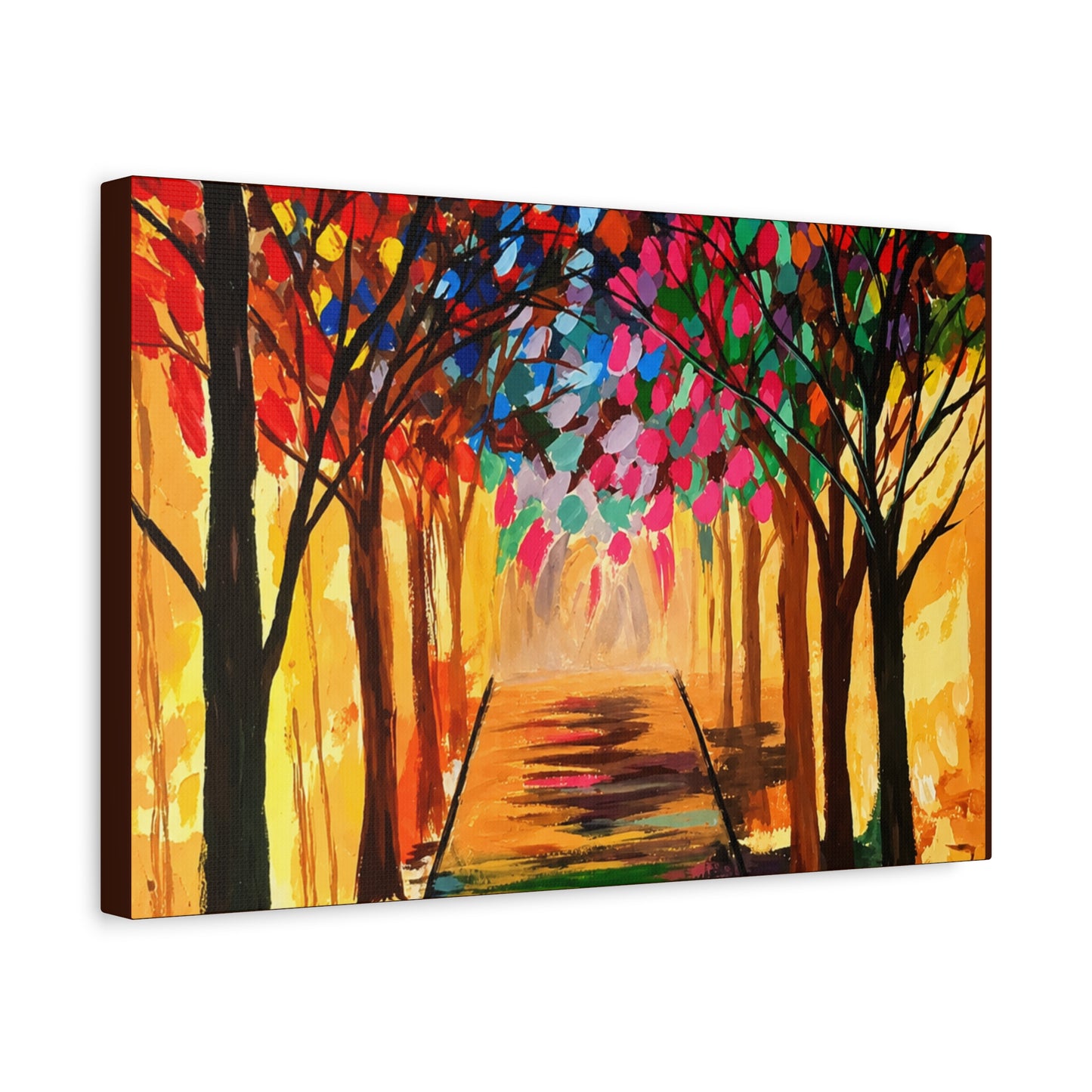 Colorful Tree Path Matte Canvas Print — Vibrant Autumn Forest Wall Art