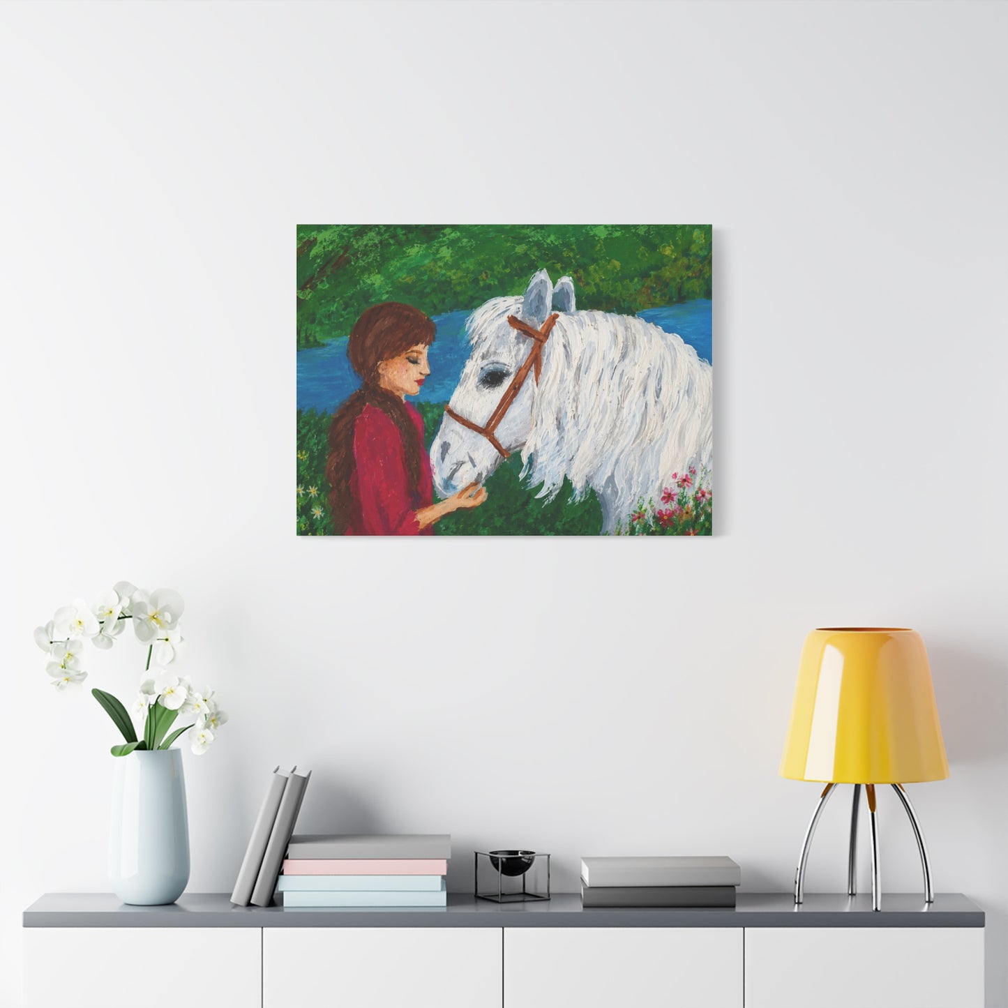 Serenity by the River — Woman with White Horse Stretched Wall Art