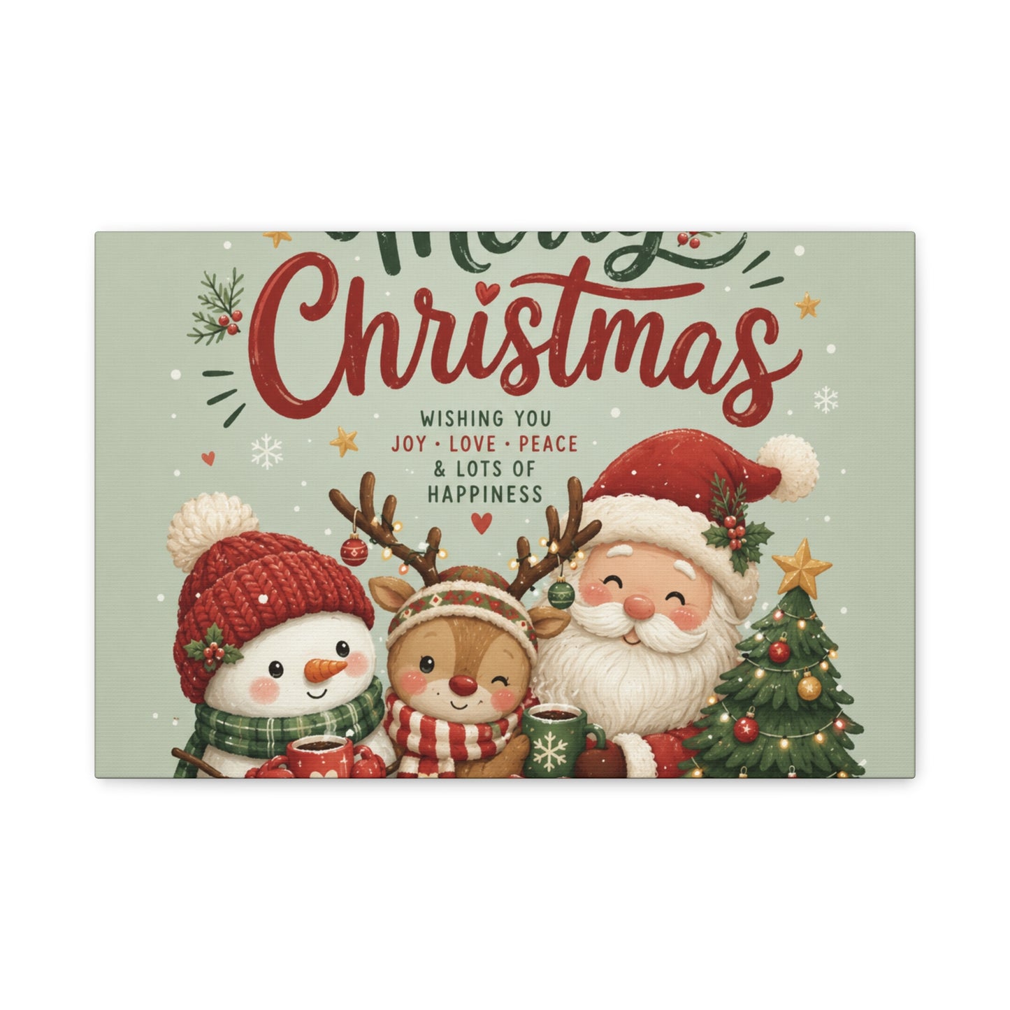 Merry Christmas Canvas Wall Art – Cute Santa, Snowman & Reindeer Holiday Print