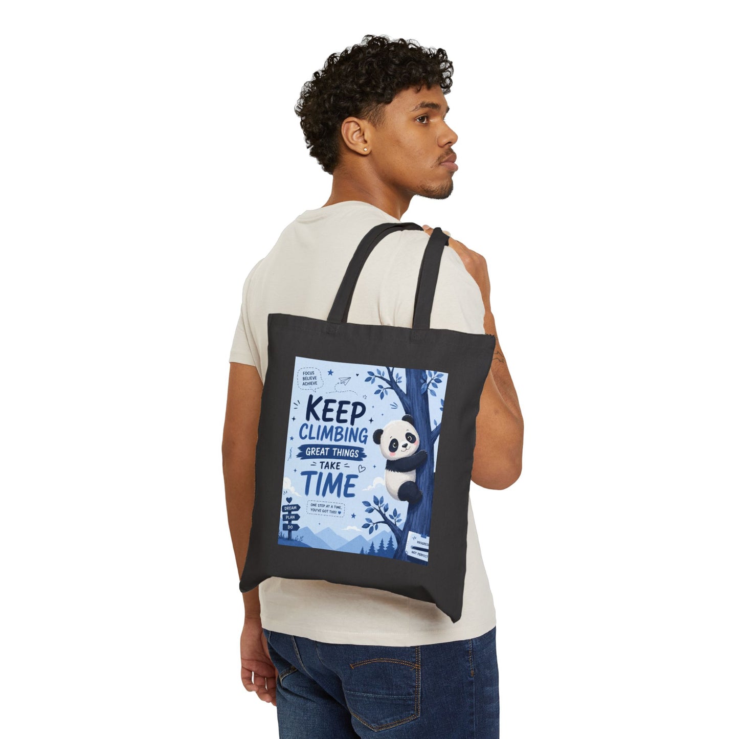 Cute Panda Reusable Canvas Tote Bag | Keep Climbing Inspirational Gift