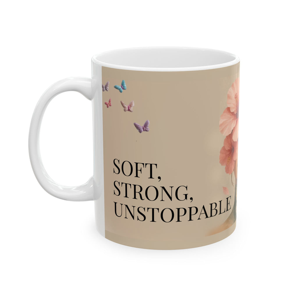 Floral Face Portrait Mug | Ceramic Coffee Mug with Pink Hibiscus and Butterflies