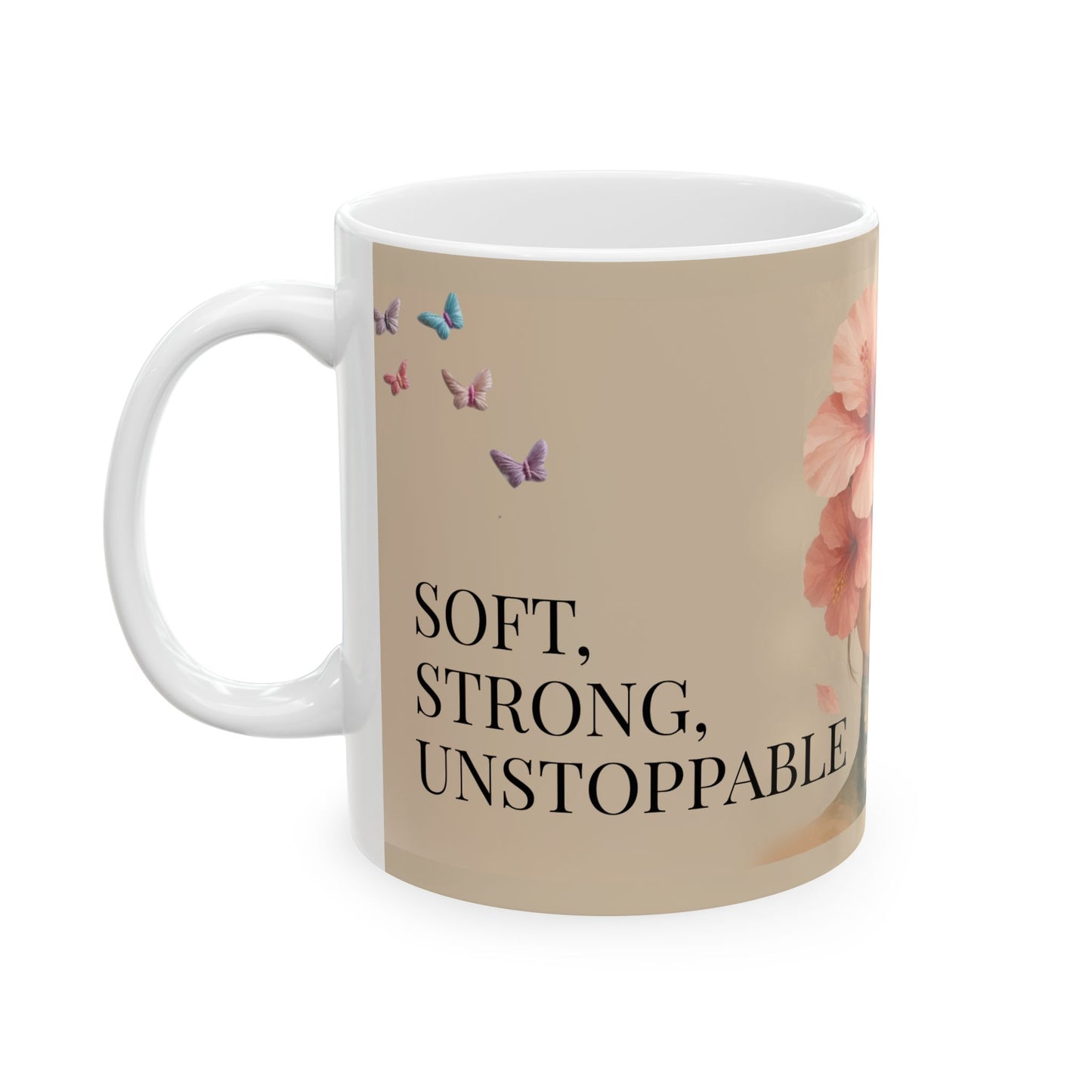 Floral Face Portrait Mug | Ceramic Coffee Mug with Pink Hibiscus and Butterflies