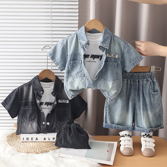 Summer denim short sleeved three piece set
