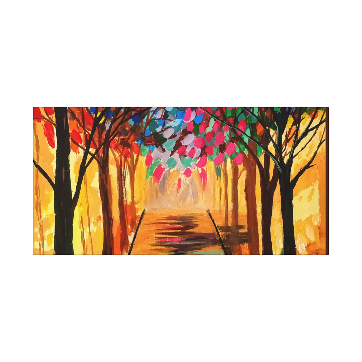 Colorful Tree Path Matte Canvas Print — Vibrant Autumn Forest Wall Art