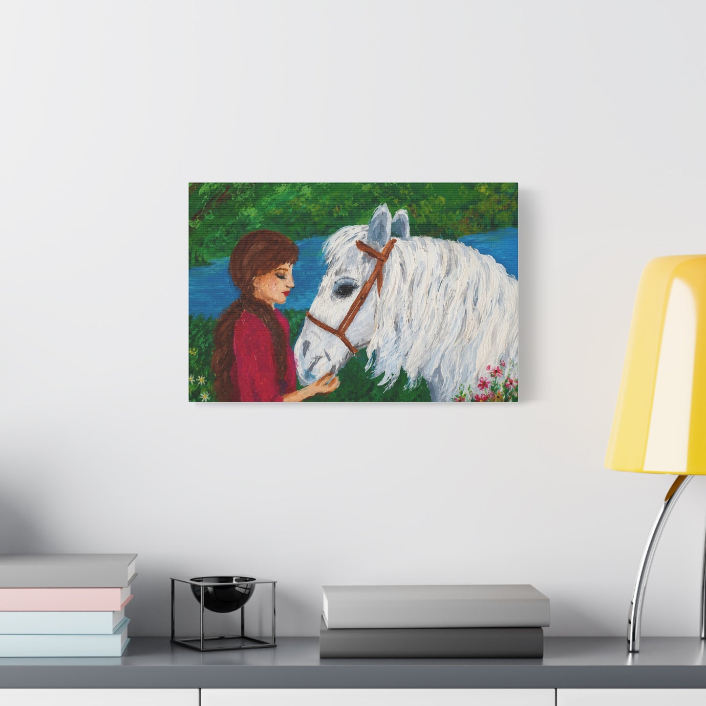 Serenity by the River — Woman with White Horse Stretched Wall Art