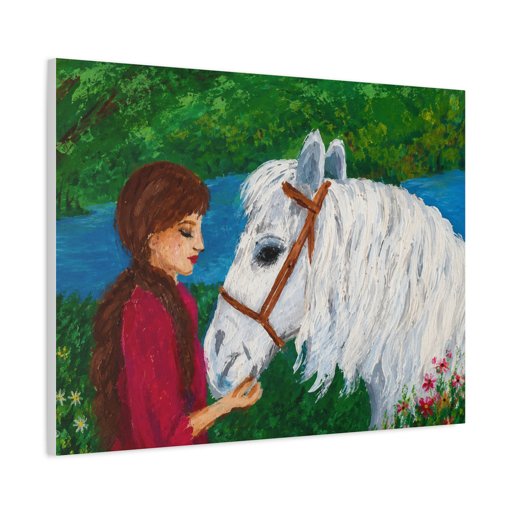 Serenity by the River — Woman with White Horse Stretched Wall Art