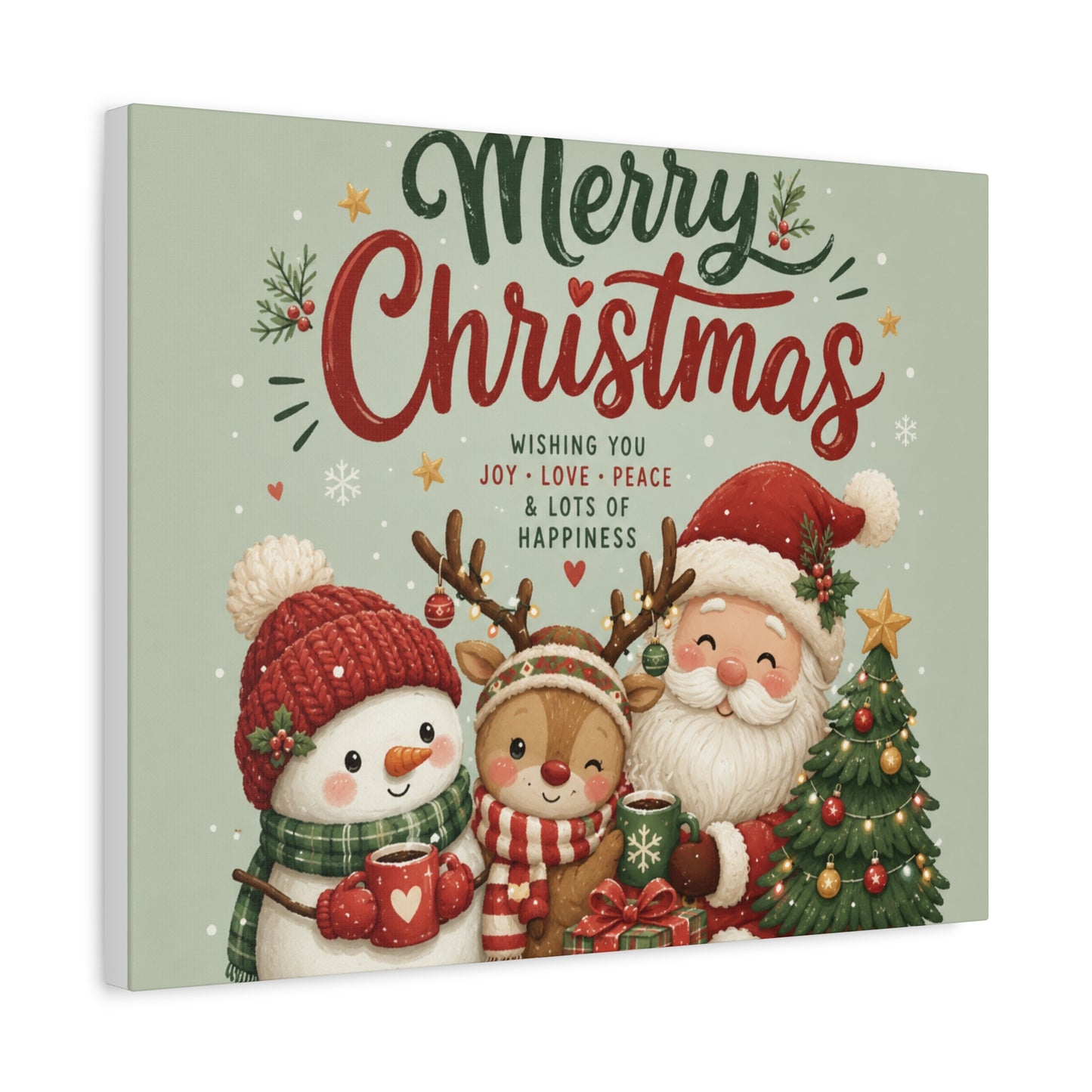 Merry Christmas Canvas Wall Art – Cute Santa, Snowman & Reindeer Holiday Print