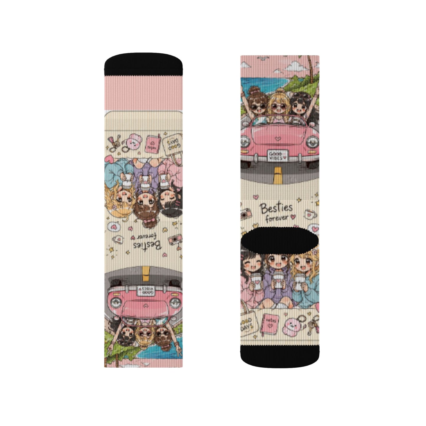 Kawaii Anime Best Friends Crew Socks – Cute Coffee & Road Trip Aesthetic Socks