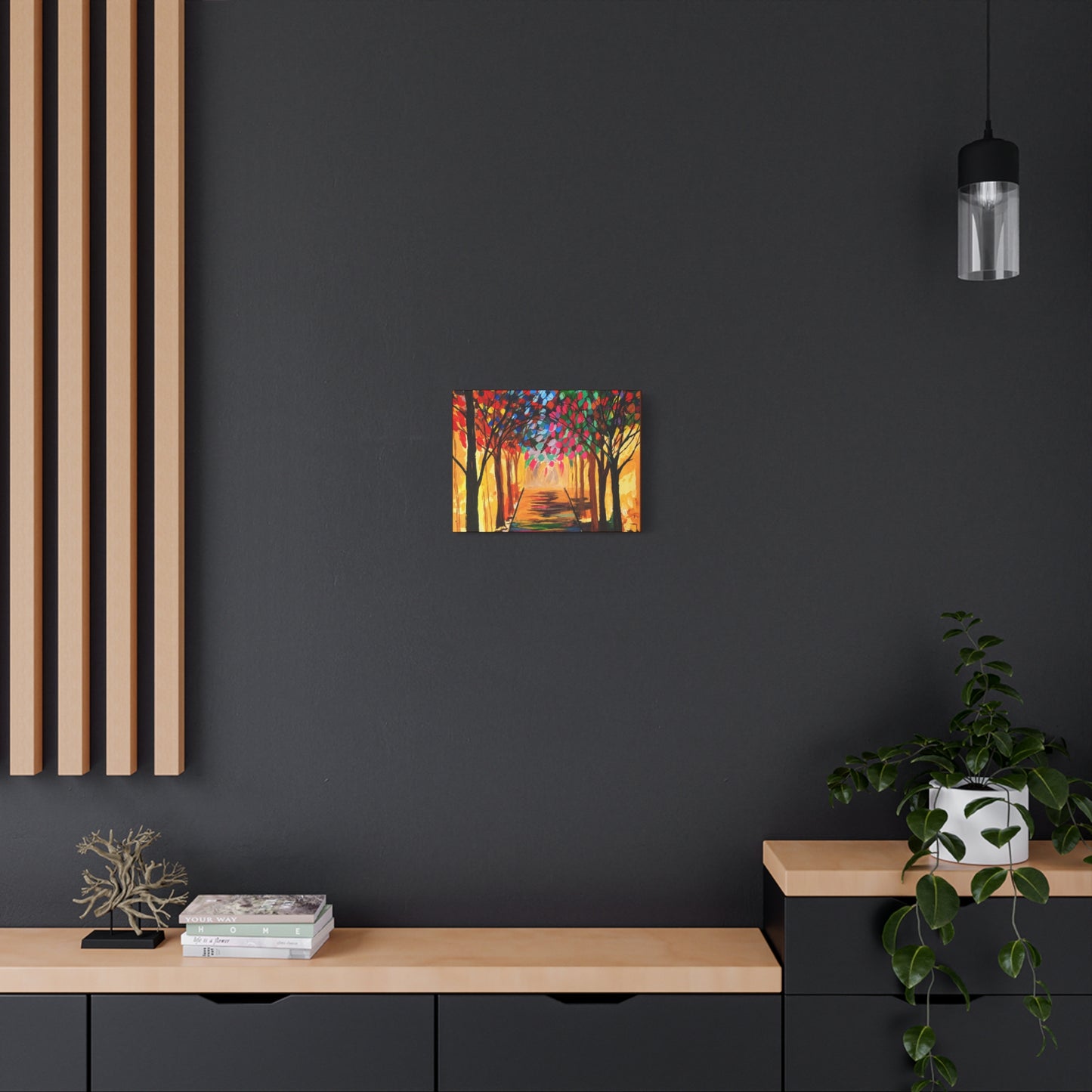 Colorful Tree Path Matte Canvas Print — Vibrant Autumn Forest Wall Art
