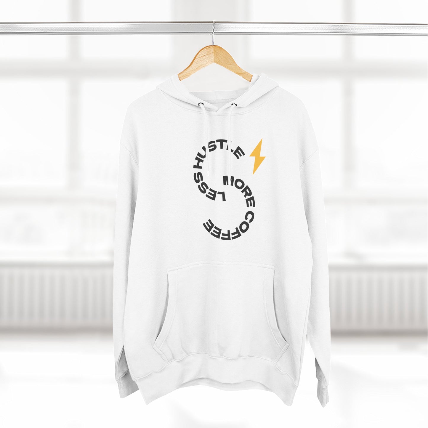 Hoodie — 'Hustle More, Coffee Less' Lightning Logo & Western Cowboy Back Print