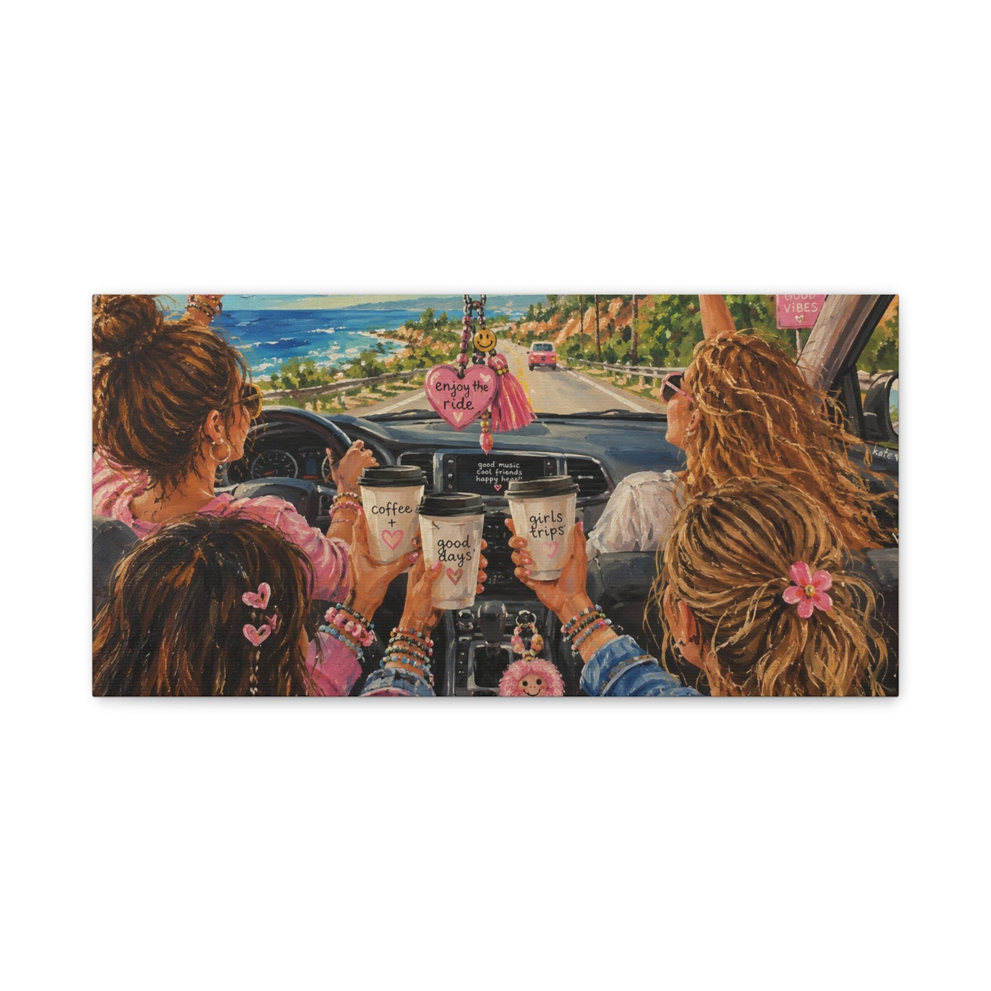 Girls' Beach Road Trip Canvas Wall Art – Colorful Acrylic Painting of Best Friends, Coffee Drive & Coastal Adventure