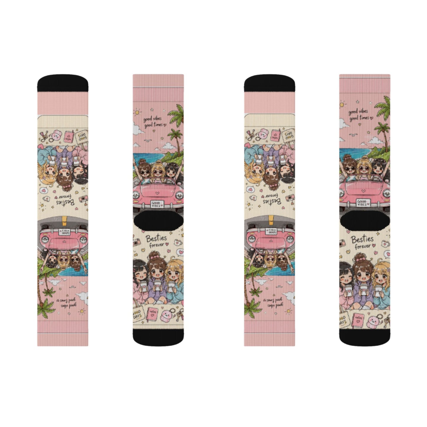 Kawaii Anime Best Friends Crew Socks – Cute Coffee & Road Trip Aesthetic Socks