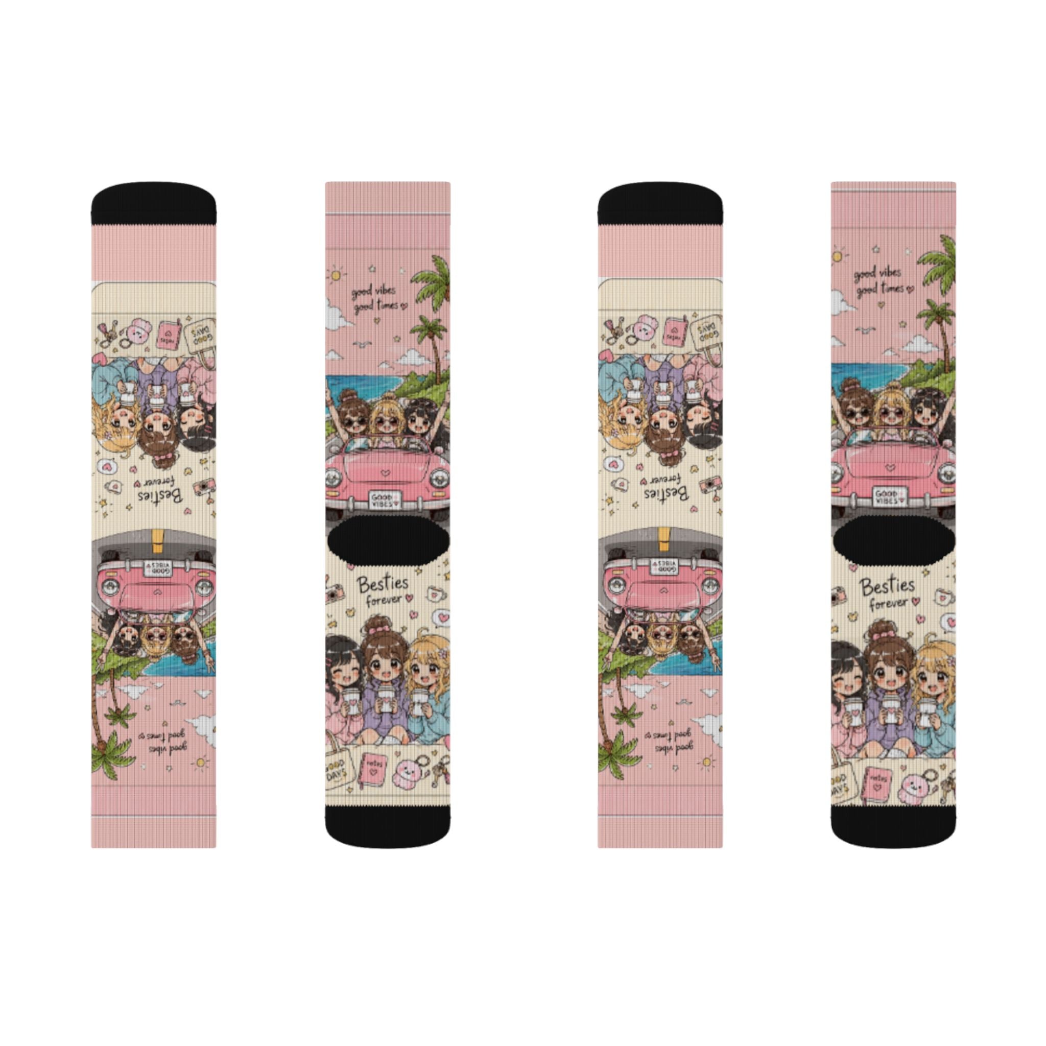 Kawaii Anime Best Friends Crew Socks – Cute Coffee & Road Trip Aesthetic Socks