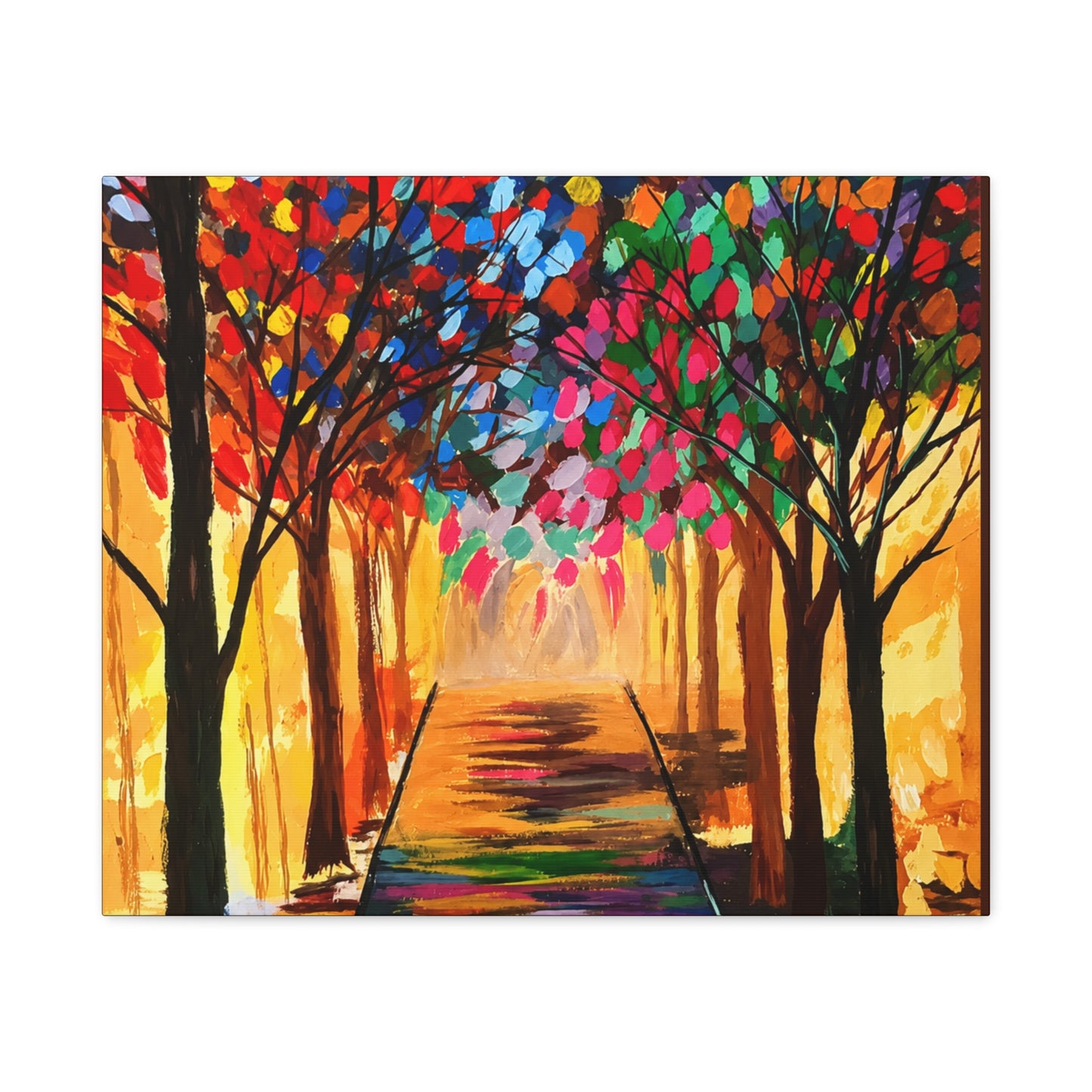 Colorful Tree Path Matte Canvas Print — Vibrant Autumn Forest Wall Art