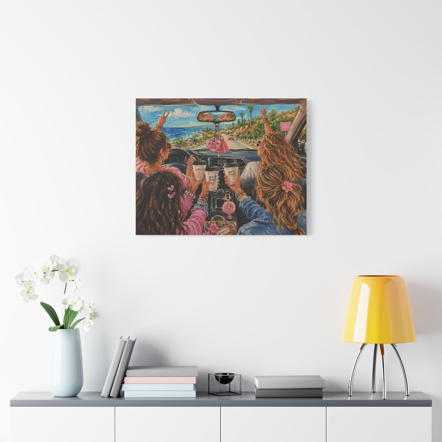 Girls' Beach Road Trip Canvas Wall Art – Colorful Acrylic Painting of Best Friends, Coffee Drive & Coastal Adventure